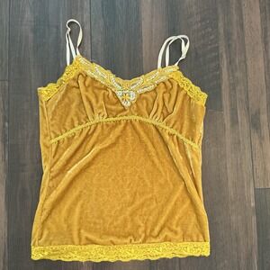 Unbranded Velvet Camisole Small Mustard Yellow Sequin Lace Trim Y2K Boho Top